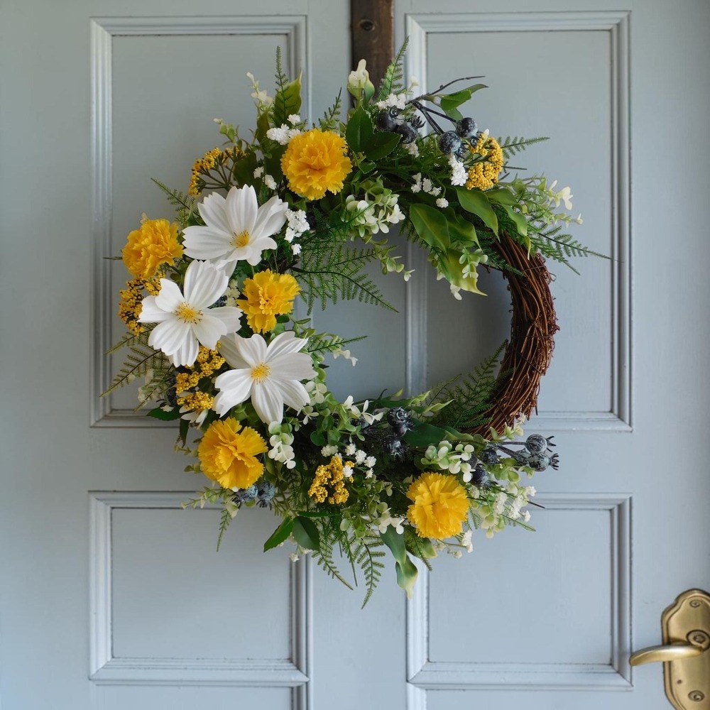 Yellow and White Summer Wreath Cosmos Marigold Ferns Babys Breath for Front Door
